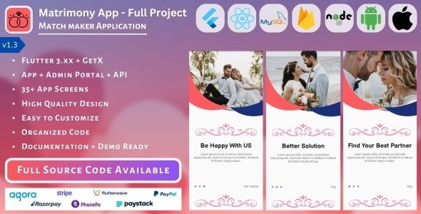 Matrimony App Match Maker Life Partner - Full Project (Mobile App, Admin Panel, API, Database)